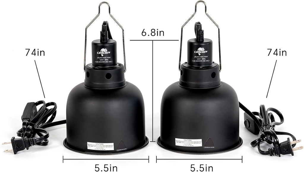 2 Pack Reptile Light Fixture, 5.5in Deep Dome Reptile Lamp Fixture, Optical Reflection Cover, Separate Switch & Hook, Terrarium Light Fixture for Reptile Heat Basking UVB Bulbs, 100W, Black