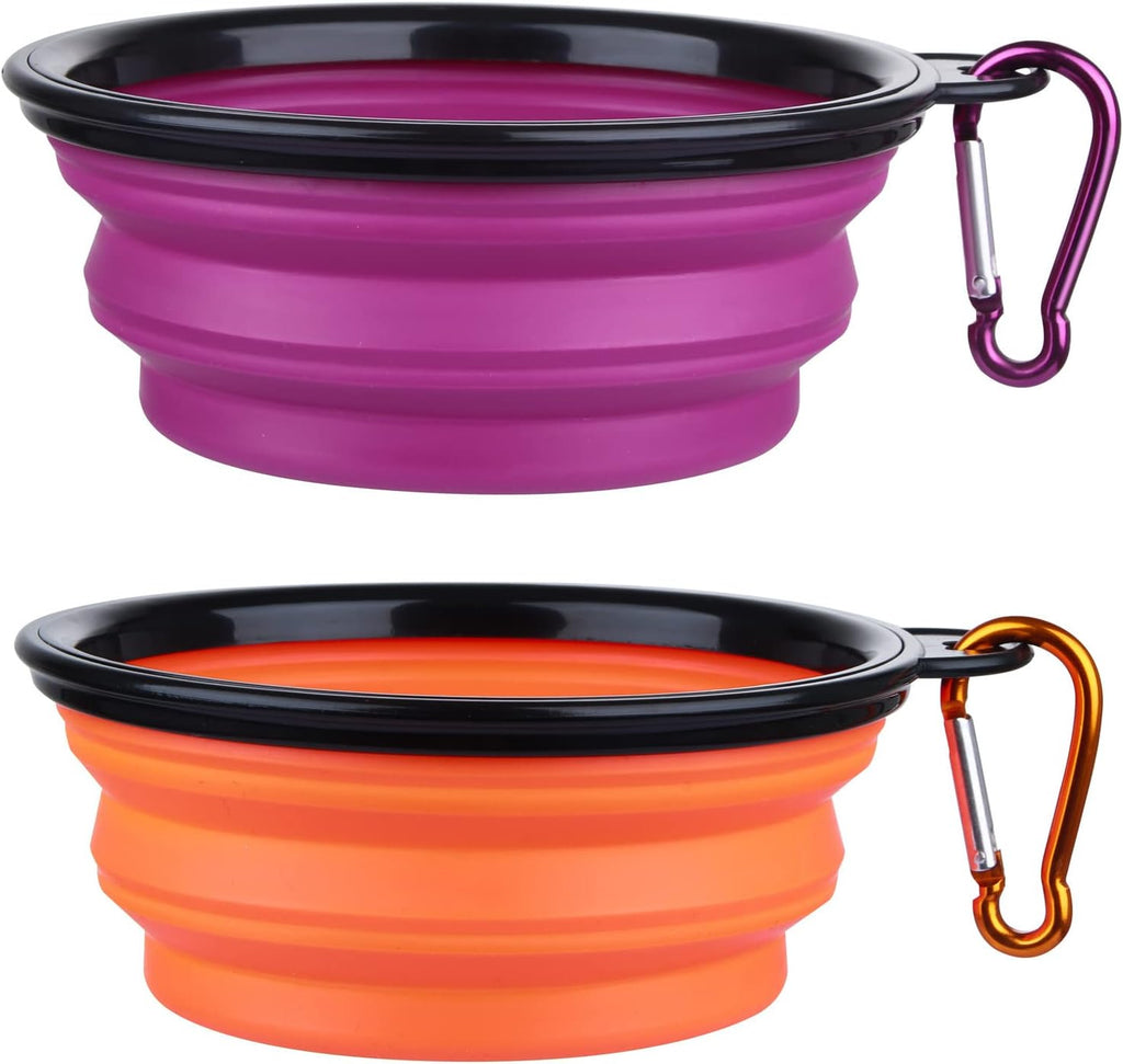 Dog Bowl Large Pet Collapsible Bowls, 2 Pack Collapsible Dog Water Bowls for Cats Dogs, Portable Pet Feeding Watering Dish for Walking Parking Traveling with 2 Carabiners (Large, Pink+Purple)