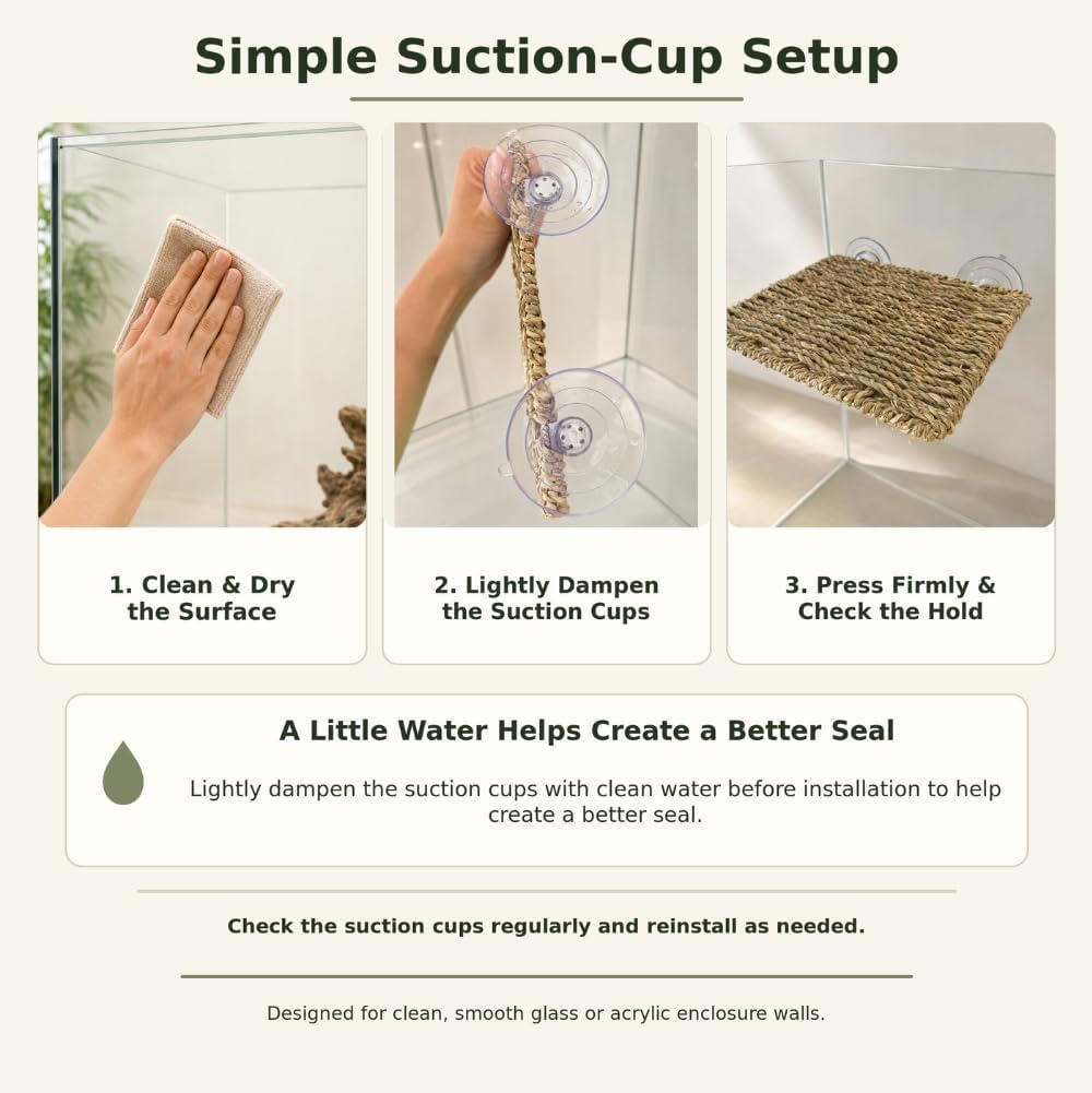 Reptile Hammock with 2 Suction Cups, Handwoven Natural Grass Terrarium Wall Platform, 7.9 x 6.3 in Elevated Resting and Climbing Perch for Leopard Geckos, Anoles and Small Reptiles