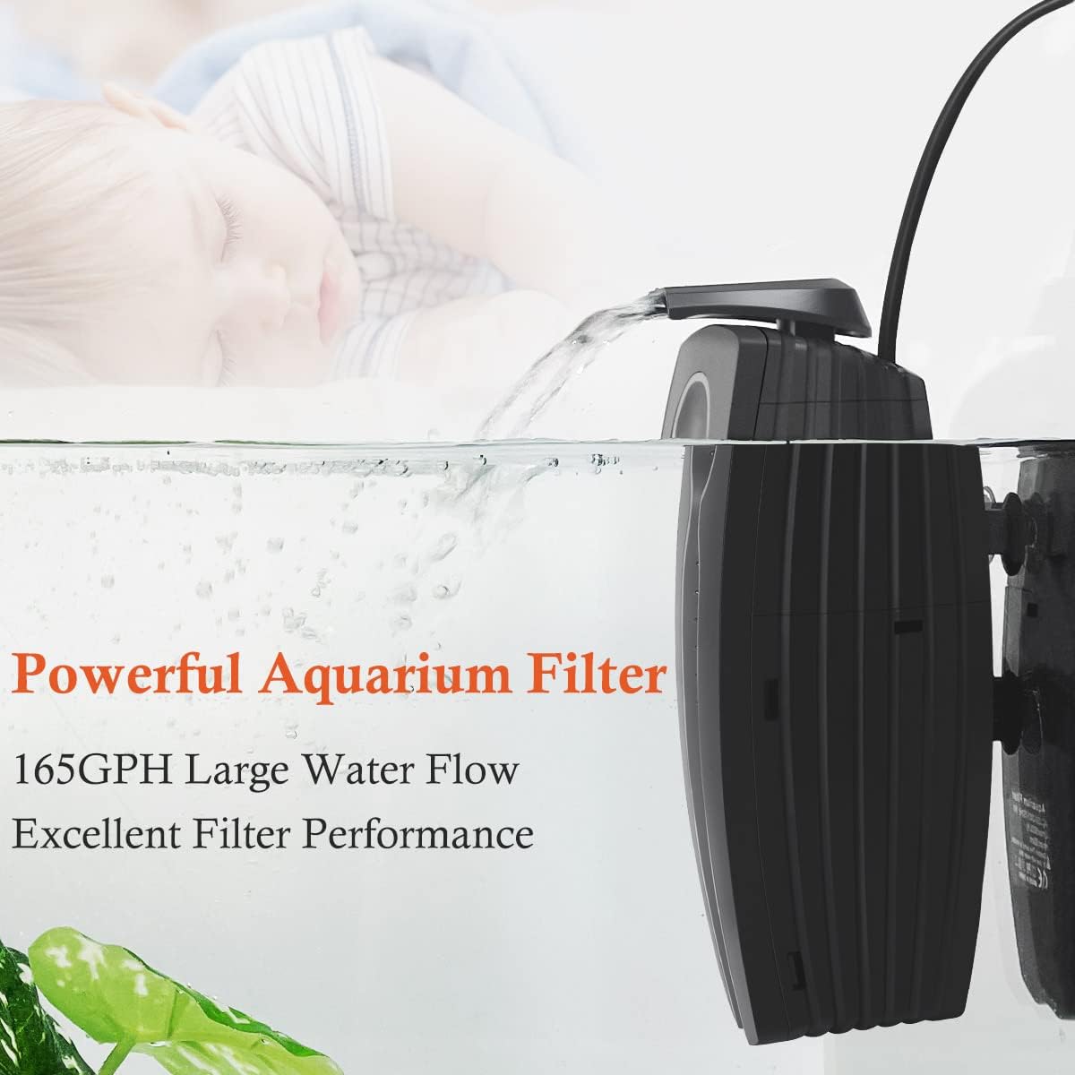 FEDOUR 165GPH Aquarium Filter, 8W Adjustable Fish Tank Filter, Submersible Internal Filter for 10-50 Gallon Tank, with Biochemical Cotton