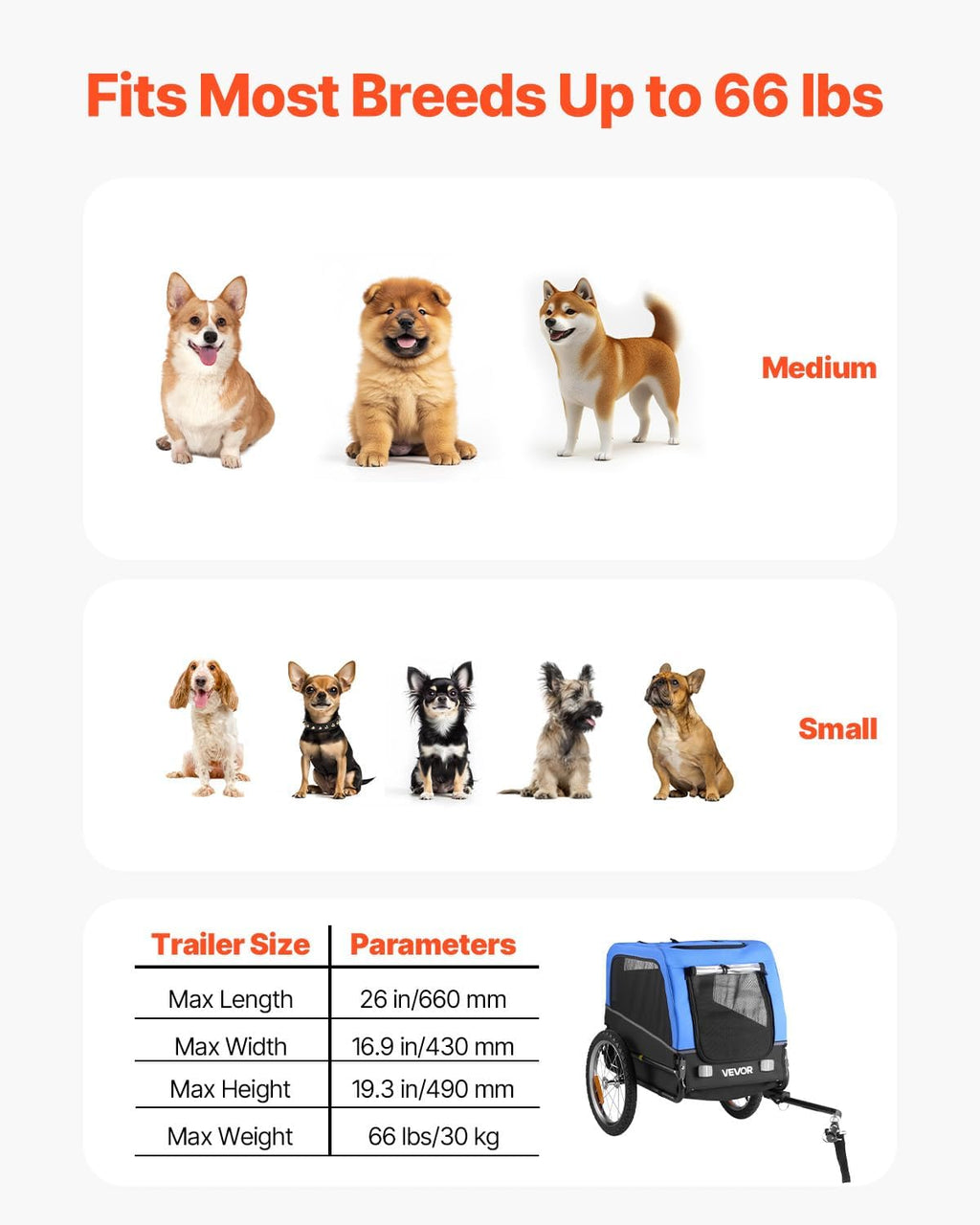 VEVOR Dog Bike Trailer, Supports up to 66 lbs, Pet Cart Bicycle Carrier
