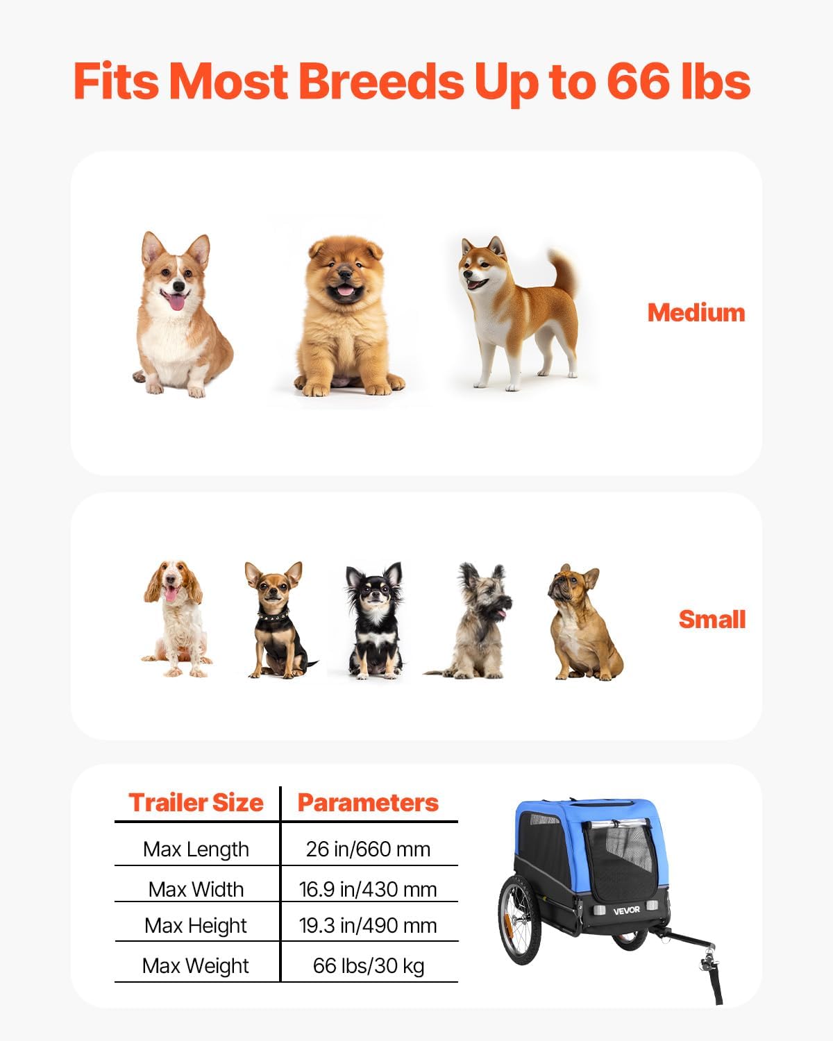 VEVOR Dog Bike Trailer, Supports up to 66 lbs, Pet Cart Bicycle Carrier