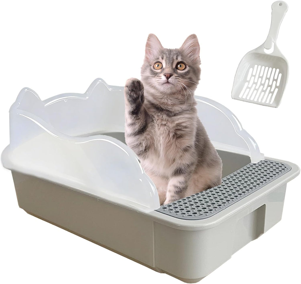 Open Cat Litter Box with High Side,Anti-Splashing Cats Litter Pan Semi-Enclosed Removable Cats Litter Boxes with Litter Sifting Scoop Open Top Kitty Toilet for Easy to Clean(Khaki)