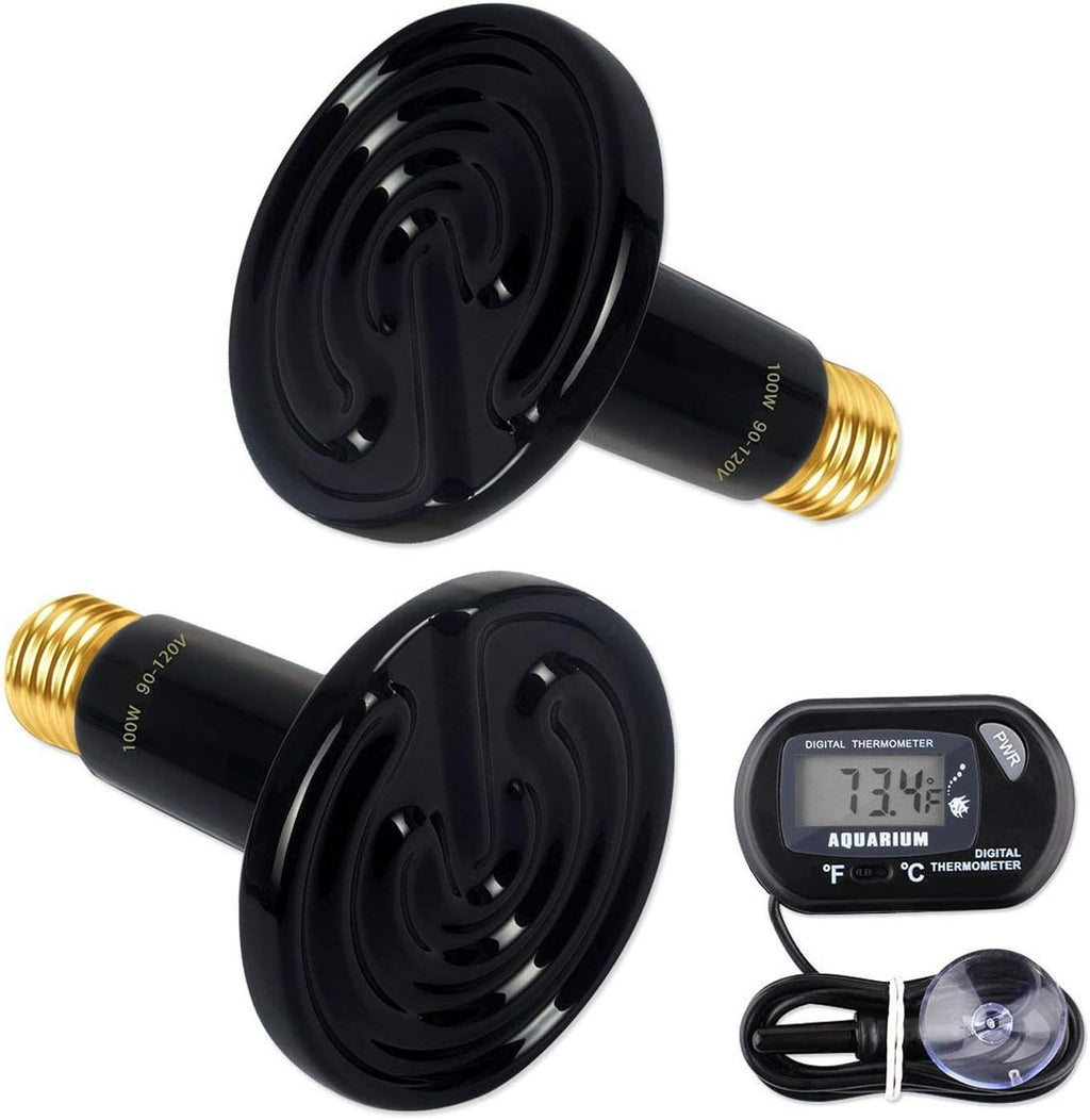 2-Pack 100W Ceramic Heat Lamps with 1-pcs Digital-Thermometer