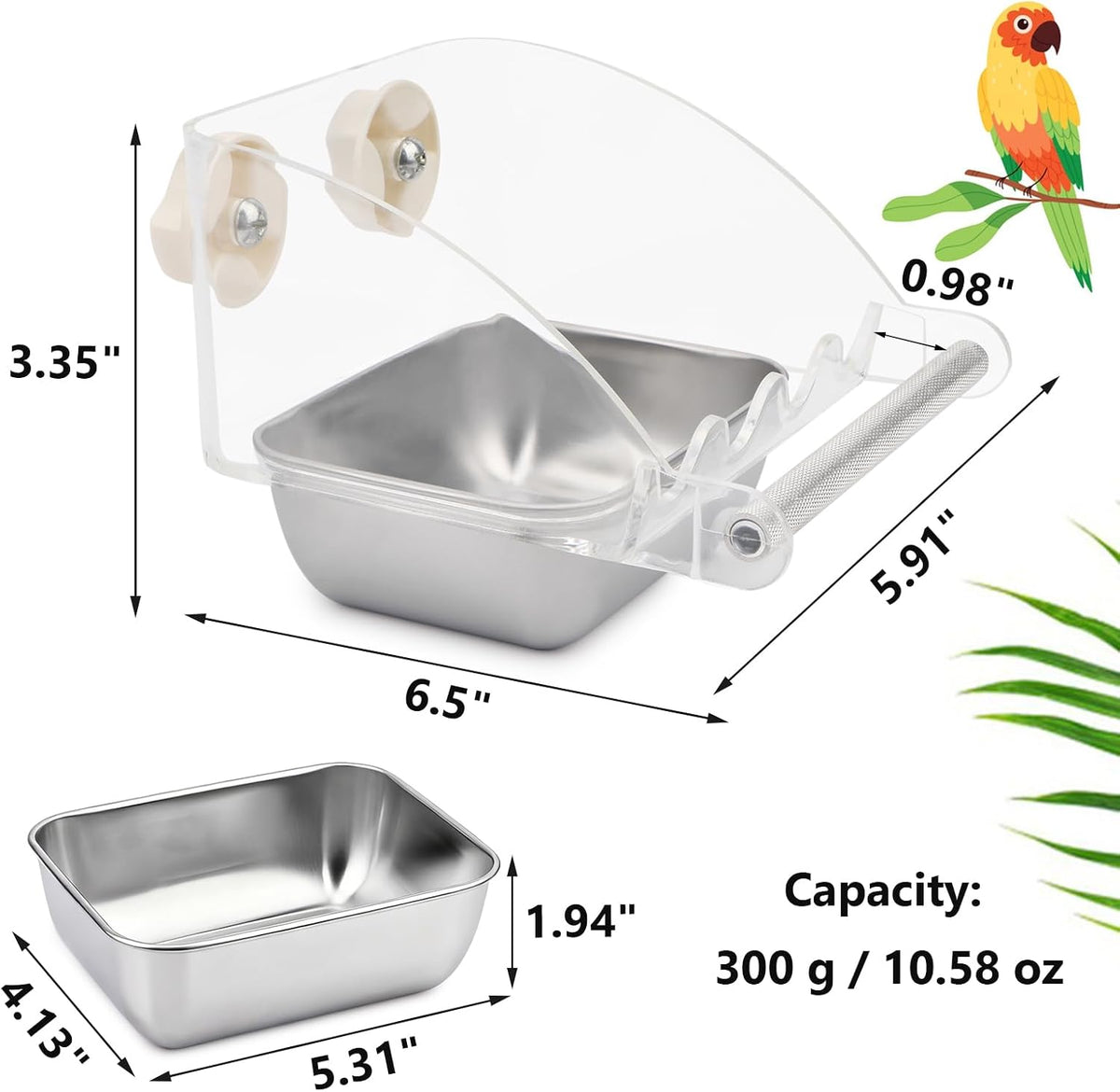 Hypeety Transparent No Mess Bird Feeder for Cage with Anti-Slip Perch