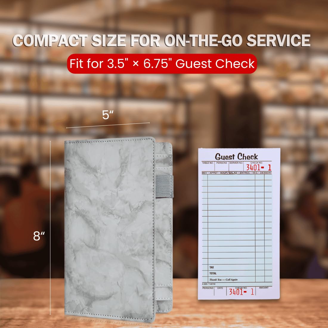 LINTRU 5x8 Server Book, 7 Pocket Zipper Organizer, Fits Apron, Marble Grey