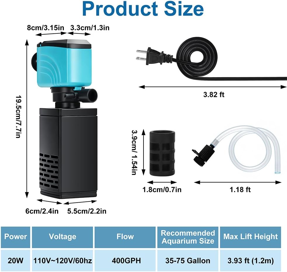 DaToo Aquarium Filter 35-75 Gallon Fish Tank Filter 400GPH Powerful Pump for Aquariums Adjustable Air Flow Submersible Internal Aquarium Filters for Pond Wavemaker Air Supply Freshwater and Saltwater