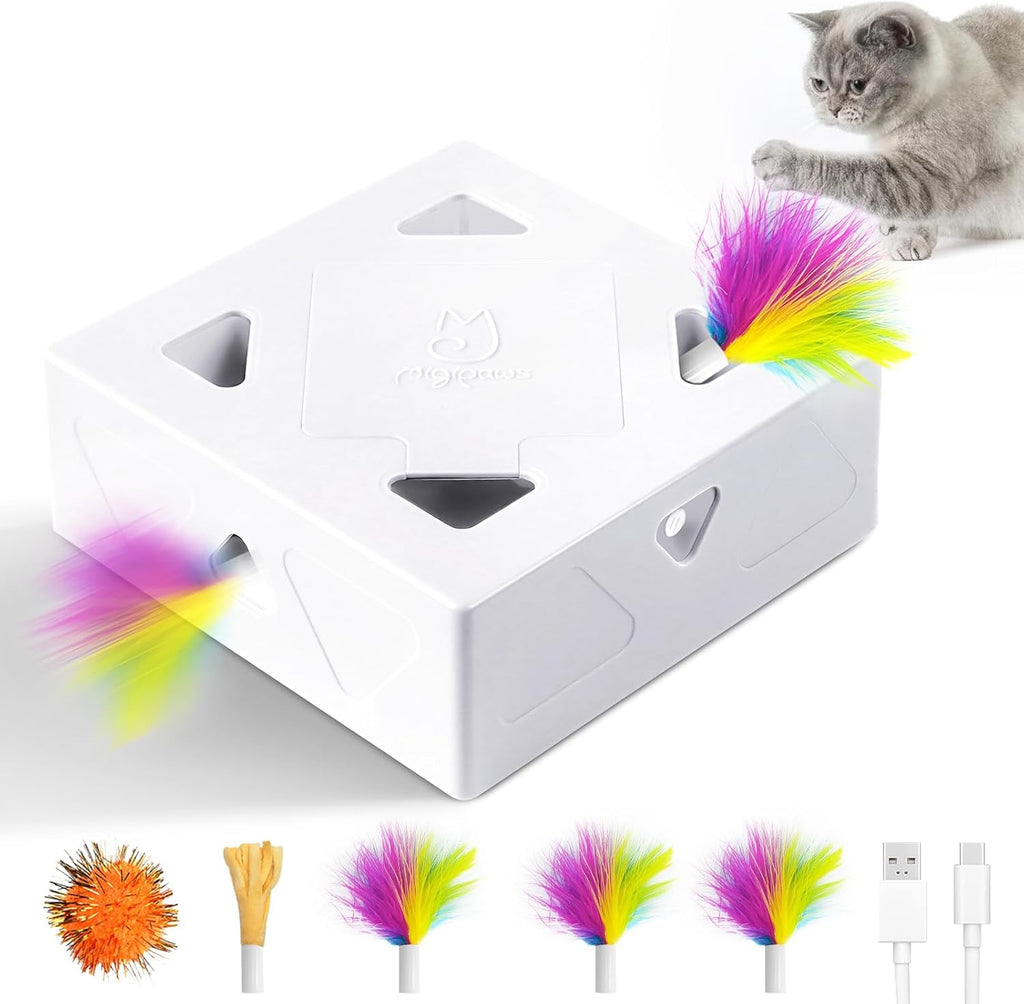 Interactive Cat Toys -Migibox for Indoor Bored Cats, Automatic Pop Out Feathers from 7 Holes Randomly, Motion Activated, USB Rechargeable (Purple Skin)