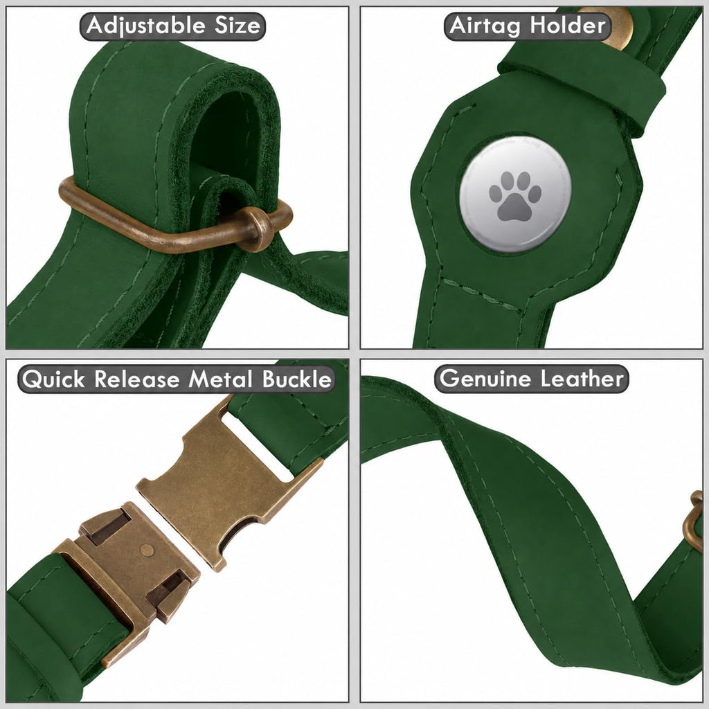 Dog Collar with AirTag Holder - Genuine Leather Dog Collar with Metal Buckle and Compatible with Air Tag - Smart GPS Tracking Pet Collars (Dark Green, S, 12"-15" Neck Fit)