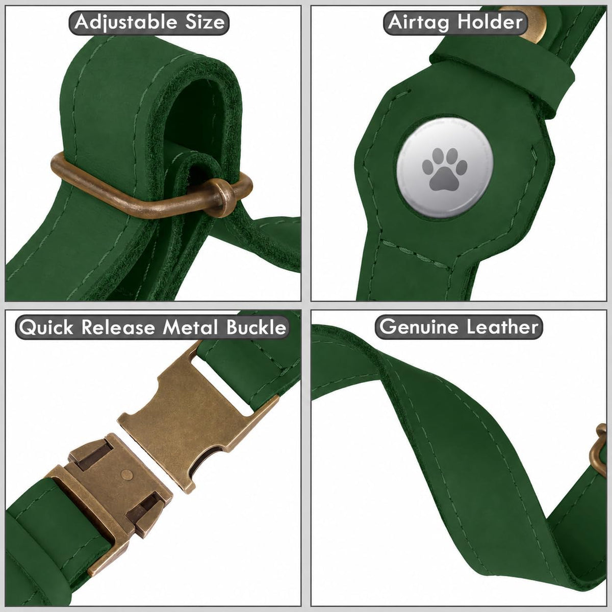 Dog Collar with AirTag Holder - Genuine Leather Dog Collar with Metal Buckle and Compatible with Air Tag - Smart GPS Tracking Pet Collars (Dark Green, S, 12"-15" Neck Fit)