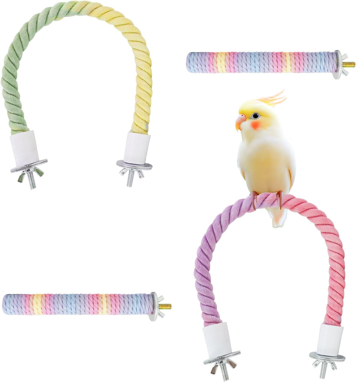 WishLotus Parrot Rope Perch, 31 in Rope Perches for Bird Cages with 2 Small Stand Pole, Flexible Fade Color Perch Rope Swing for Paw Grinding Standing Climbing (A, 31 in+6.6 in)