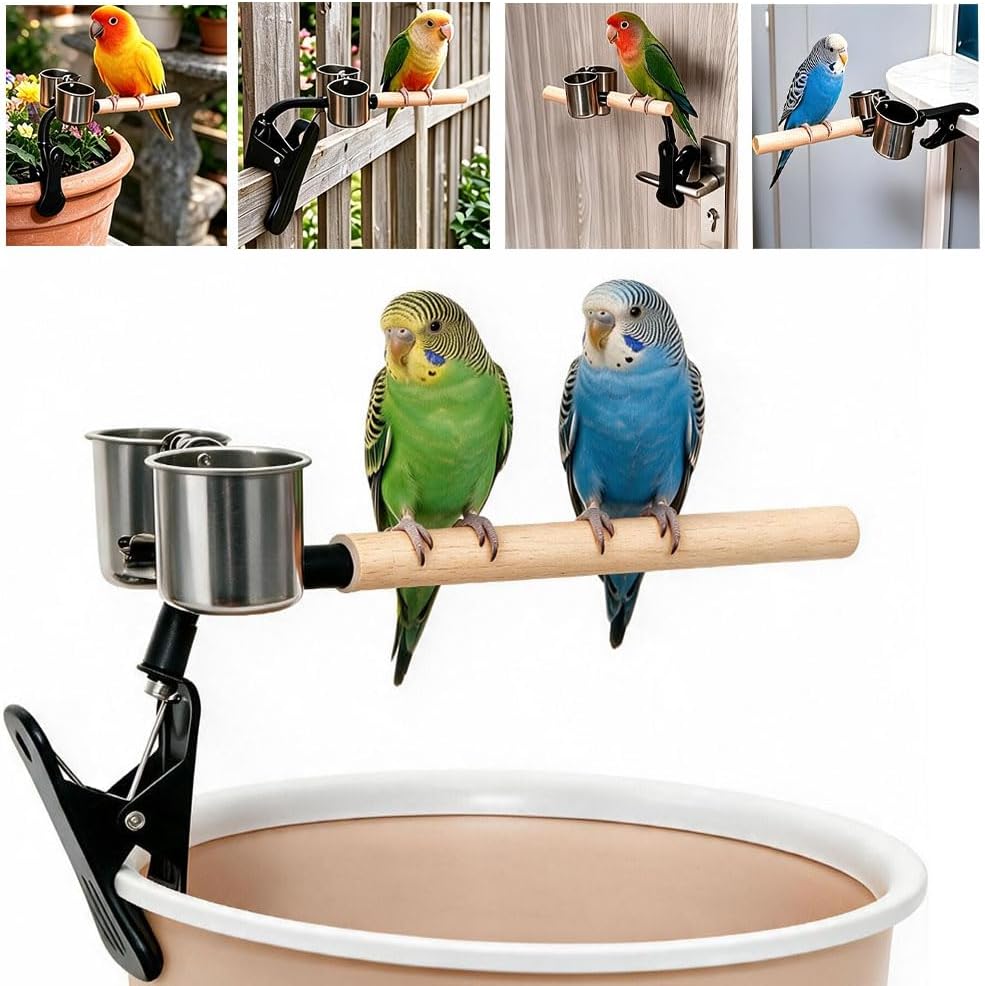 Bird Stand Parrot Perch Clip, Parrot Training Perch with Two Stainless Steel Cup, Portable Natural Wood Bird Happy Toy for Budgies, Cockatiels, Conures, Monk Parakeets, Lovebirds