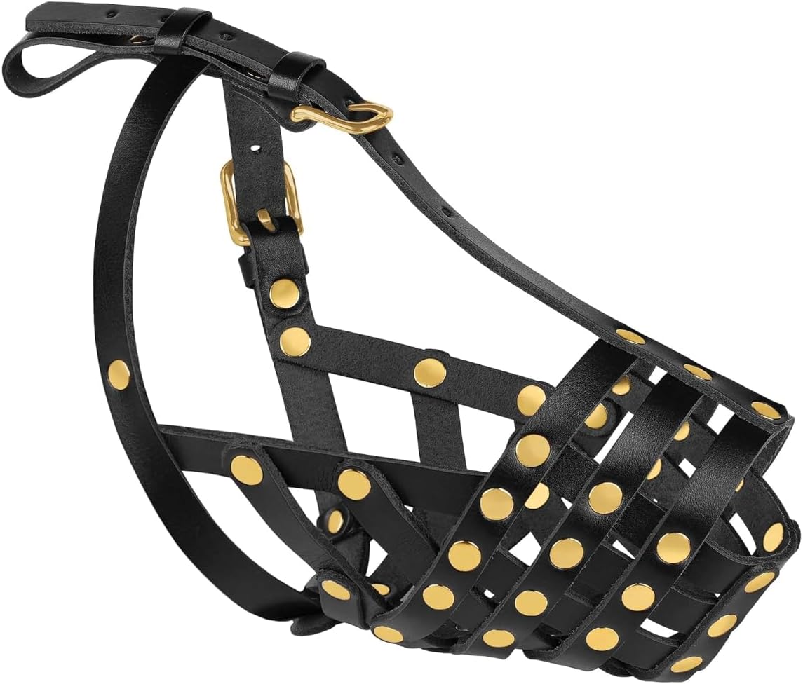 OOPSDOGGY Pitbull Dog Muzzle for Large Dogs - Leather Breathable Secure Basket Muzzle for Medium Large Breeds Prevents Biting No Chewing Amstaff Staffordshire Terrier (Black)