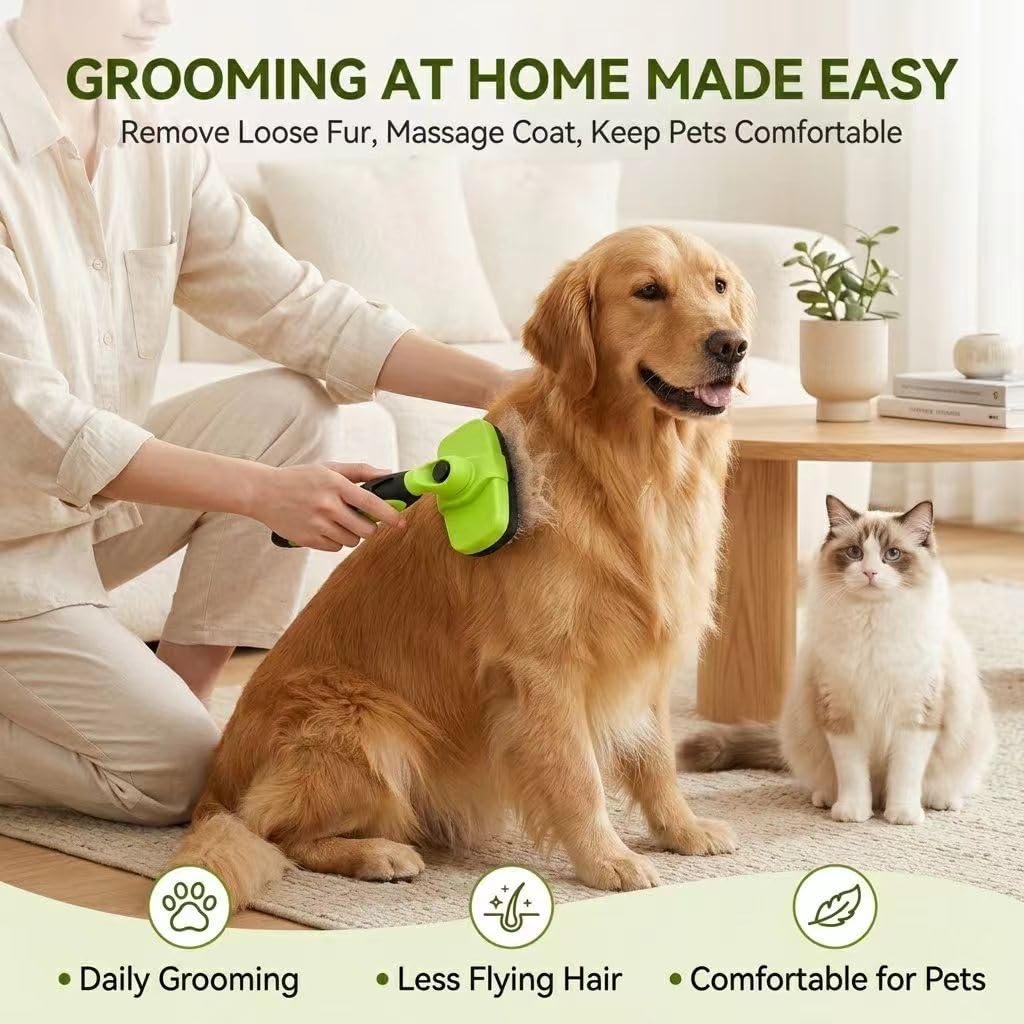 Self Cleaning Shedding Brush, Skin Friendly Grooming Tool for Dogs & Cats, Gentle Retractable Stainless Steel Pins, Reduces Shedding, Easy to Clean