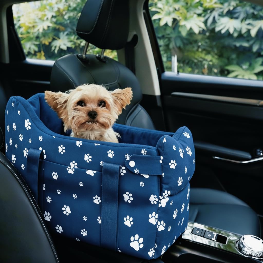 Dog Center Console Car Seat for Small Dogs Under 15lbs,Detachable Washable Booster Pet Car Seat Travel Bed with Storage Pockets and Seat Belt(Green)