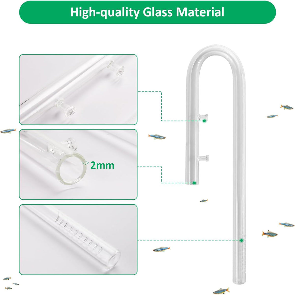 17mm Aquarium Glass Lily Pipe with Inflow, Outflow and Brush & 6 Suction Cups for 5/8" ID (16/22mm) Tubing
