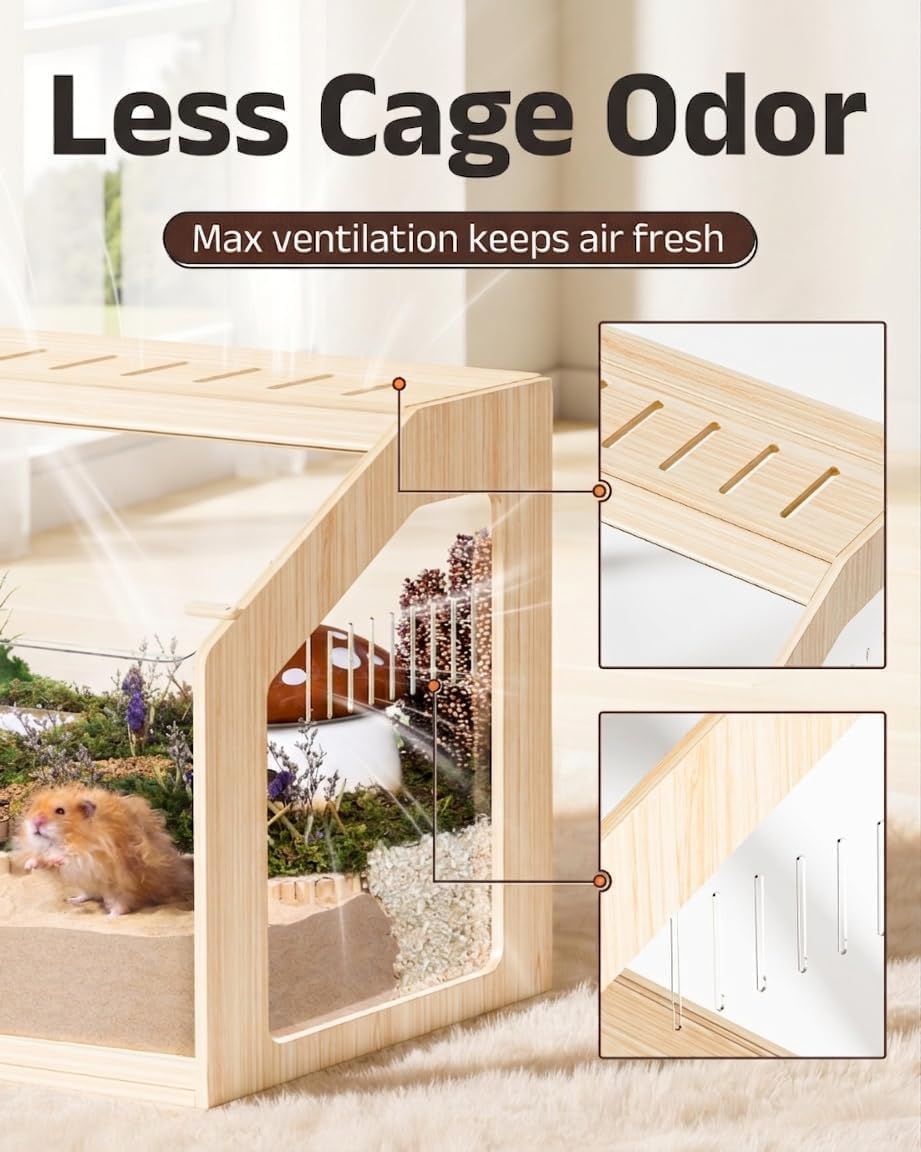 39" Large Hamster Cage with Clear Background, Wooden Gerbil Cage