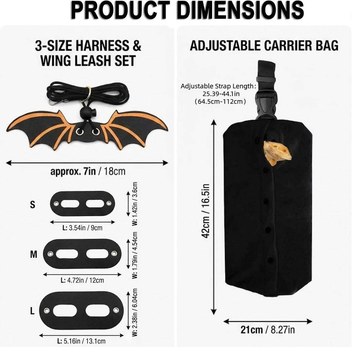 Bearded Dragon Carrier Sling & Bat Wing Leash Harness Set, Soft Flannel Reptile Travel Bag with 3 Size Chest Pads, Adjustable Outdoor Walking Accessories for Lizards Geckos (Black)