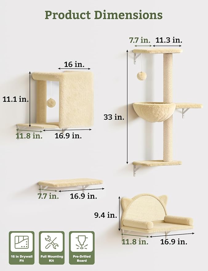 5-in-1 Cat Wall Shelves, Solid Wood & Velvet & Sisal Scratcher, 44lbs Max Load - Image 5