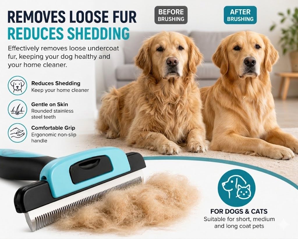 Dog Deshedding Brush & Undercoat Rake for Double-Coated & Medium/Long-Haired Dogs & Cats