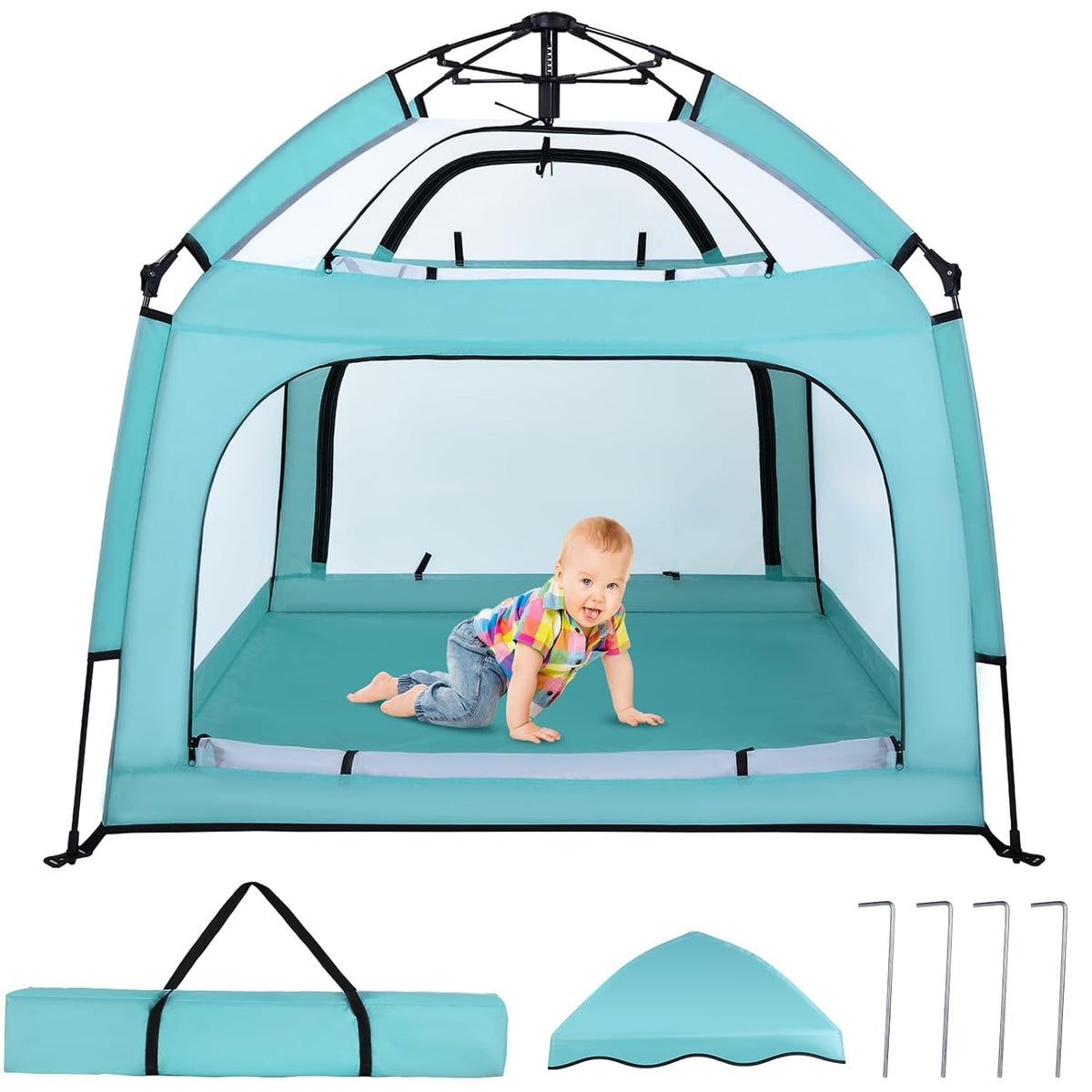 Bend River Baby Playpen with Canopy, Square Toddler Beach Tent (Green)