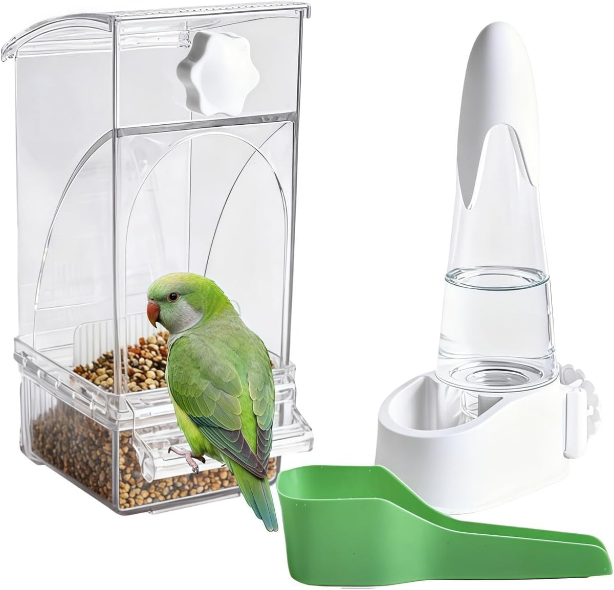 Automatic No Mess Bird Feeder and Water Dispenser Set, Acrylic Food Container and Drinker Bowl for Parrot Cage, Easy Clean Accessories for Parakeets Cockatiels Lovebirds and Other Small Pets