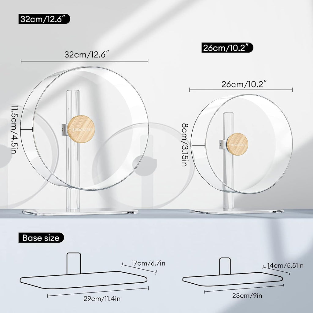 BUCATSTATE Hamster Wheel Silent 12.5inch, Acrylic Hamster Exercise Wheel with Stable Adjustable Stand Running Wheel for Golden Bear Hamster, Sugar Gliders, Rats, Hedgehogs (Transparent)