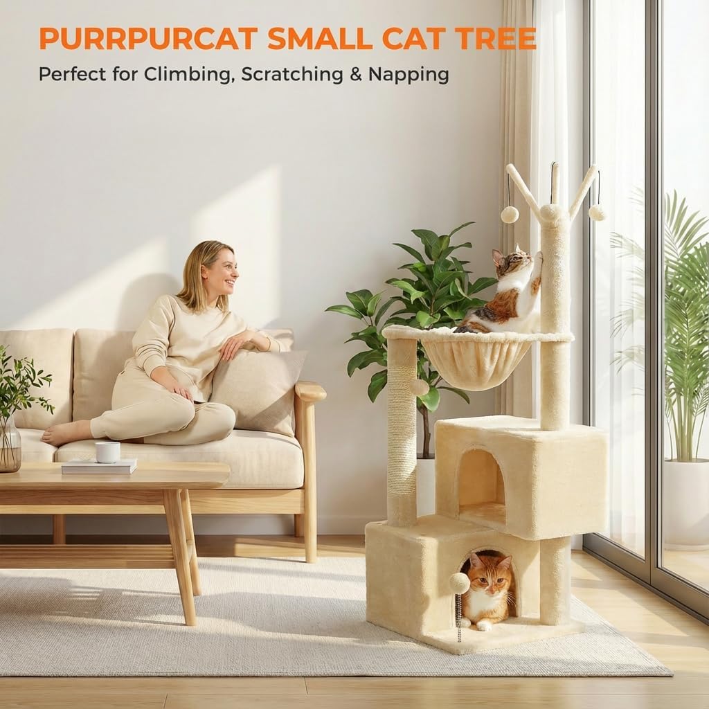 Cat Tree 45" for Indoor Cats, Compact Cat Tower with 2 Condos, Hammock Bed & 5 Hanging Ball Toys, Space-Saving Sturdy Cat Condo Furniture for Kittens & Small-Medium Cats