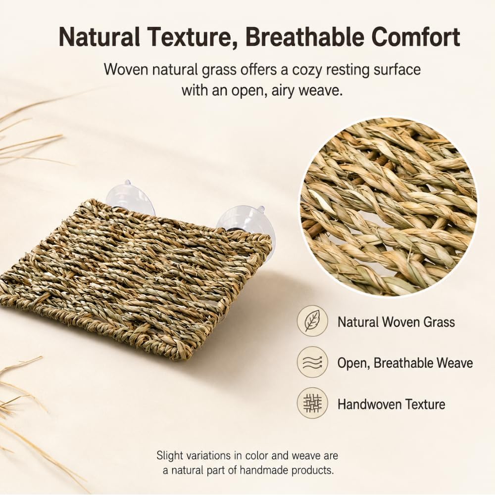 Reptile Hammock with 2 Suction Cups, Handwoven Natural Grass Terrarium Wall Platform, 7.9 x 6.3 in Elevated Resting and Climbing Perch for Leopard Geckos, Anoles and Small Reptiles