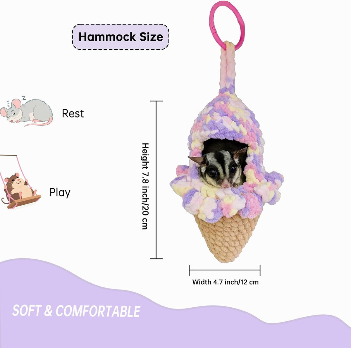 Ice-cream-shape Sugar Glider Bed, Hand-woven Hamster Hammock Gerbil Sleeping Bag Bedding Decoration Perfect Mouse Hideout Small Animal Cage Accessories Suitable for Bear Hedgehog, Color Random