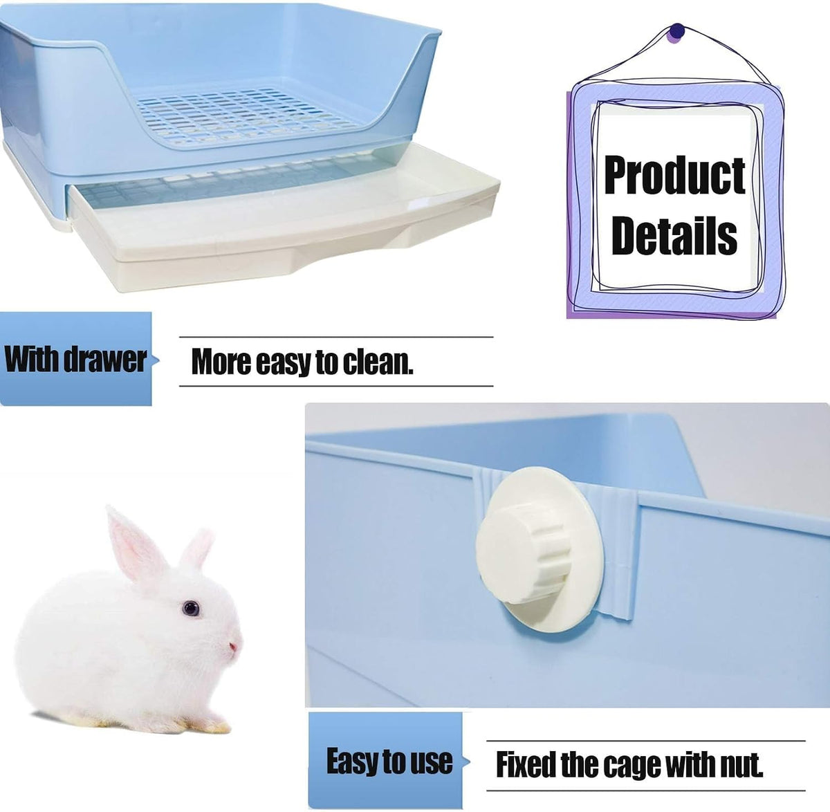 Large Rabbit Litter Box Trainer, Potty Corner Toilet with Drawer Bigger Pet Pan for Adult Hamster, Guinea Pig, Ferret, Galesaur, Bunny and Other Animals (Blue)