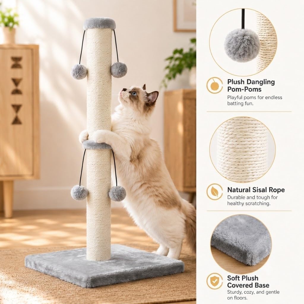 Dimaka 29in Cat Scratching Post, Sisal Scratch Post for Indoor Cats, Grey