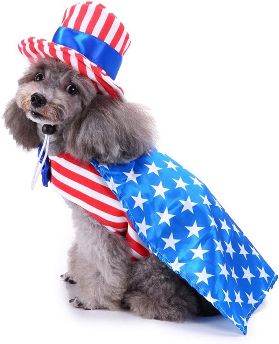 GabeFish Dog 4th of July Dress, Uncle Sam Costume for Pets, Cats Independence Day Clothes Apparel Boy Small