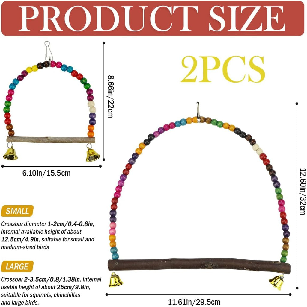 2 Pcs Wooden Bird Swing for Cockatiels Parakeets - Natural Wood Perch Hanging Toy with Colorful Beads Bell, Birdcage Climbing Accessories for Lovebirds Conures Budgies