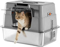 Stainless Steel Cat Litter Box with Lid, High Side Enclosed Kitty Litter Pan, Covered Metal Base Cat Box with Litter Scoop, Easy to Clean, Non-Stick, Odor-Free, Grey