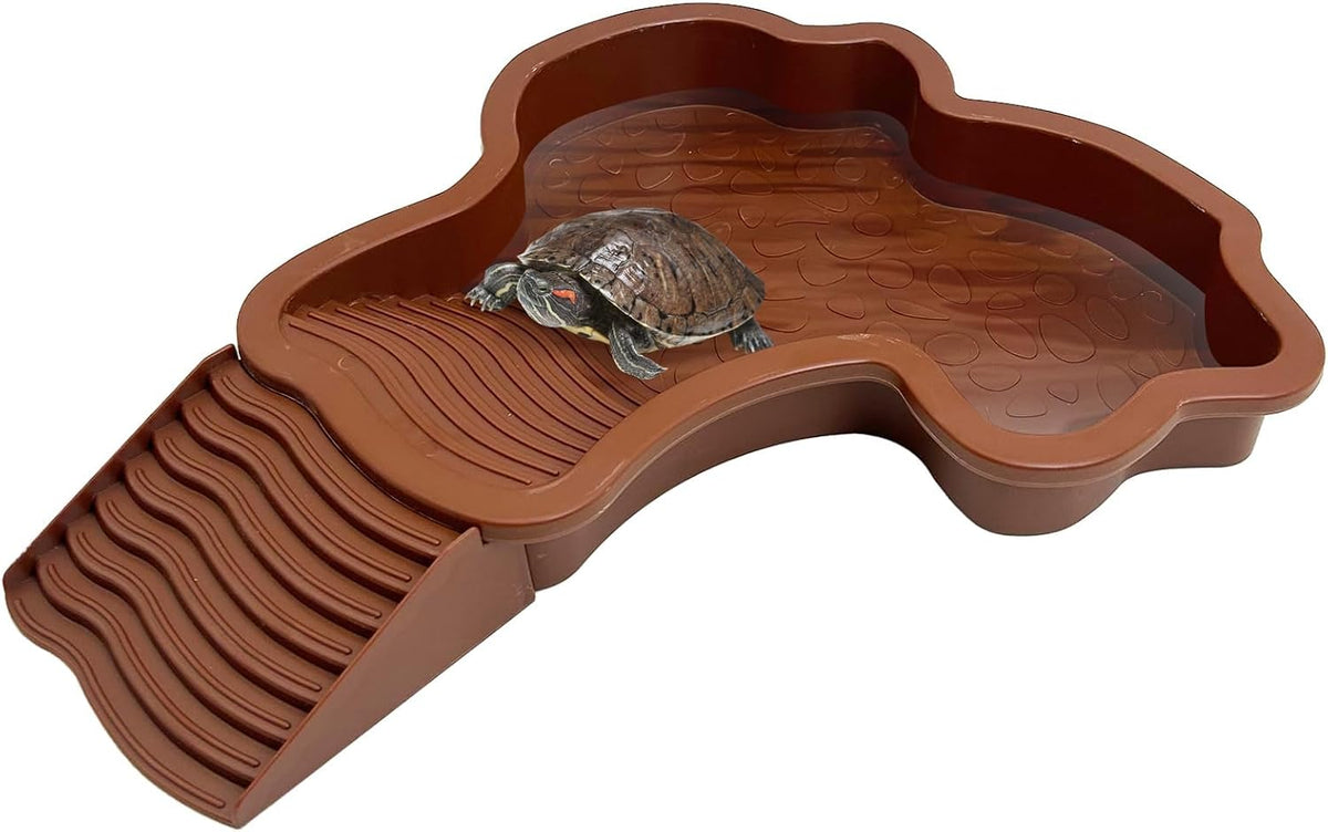 PINVNBY Large Reptile Bathing Pool Tortoise Water Dish with Removable Ramp and Leaf Reptile Food Dish & Water Bowl Tortoise Habitat Accessories for Turtle Lizard Gecko Snake (Red)