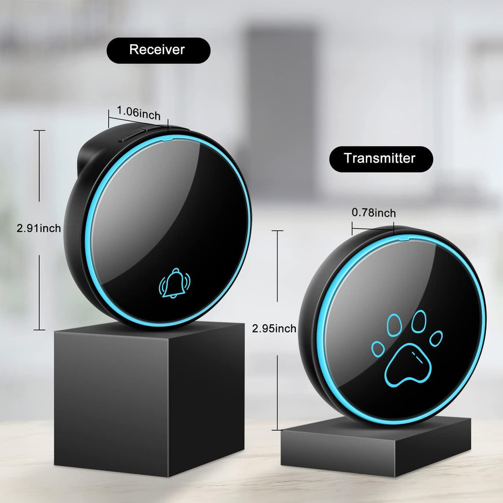Smart Wireless Dog Door Bell, Doggie Doorbell for Pet Potty Training Communication Go Outside Press Button with 38 Melodies 4 Volume Levels LED Flash (1 Receiver & 2 Transmitter), Black
