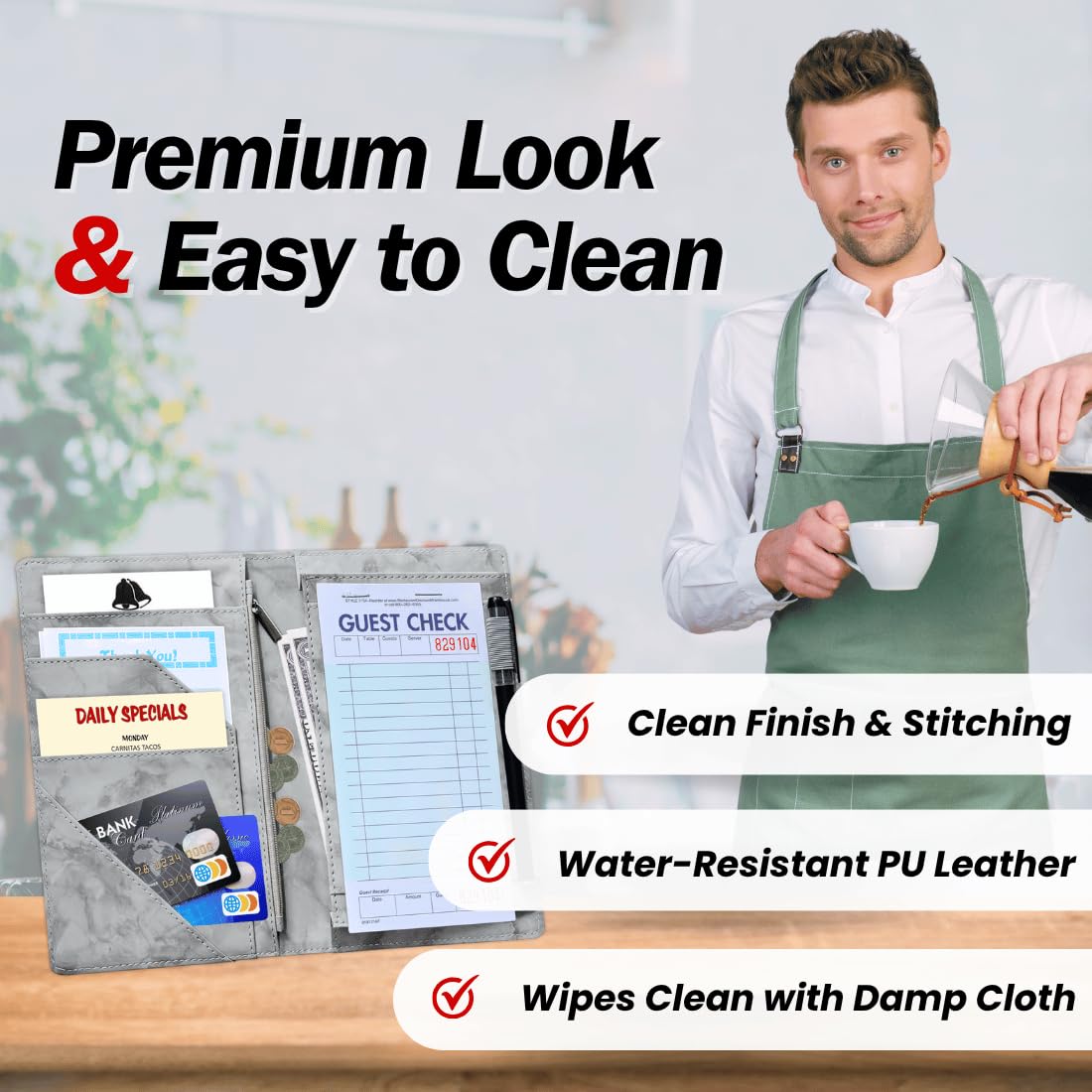 LINTRU 5x8 Server Book, 7 Pocket Zipper Organizer, Fits Apron, Marble Grey
