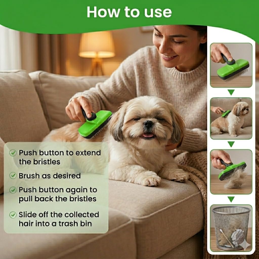 2 Piece Set- Pet self Cleaning Slicker Brush for Dogs and Cats, and Upgraded electrostatic, Washable pet Hair Removal Glove for Clothes and Furniture, pet Grooming Supplies for Shedding Problems