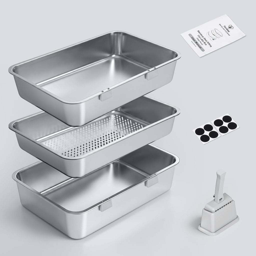 Rectangular Triple Pan Stainless Steel Sifting Litter Box