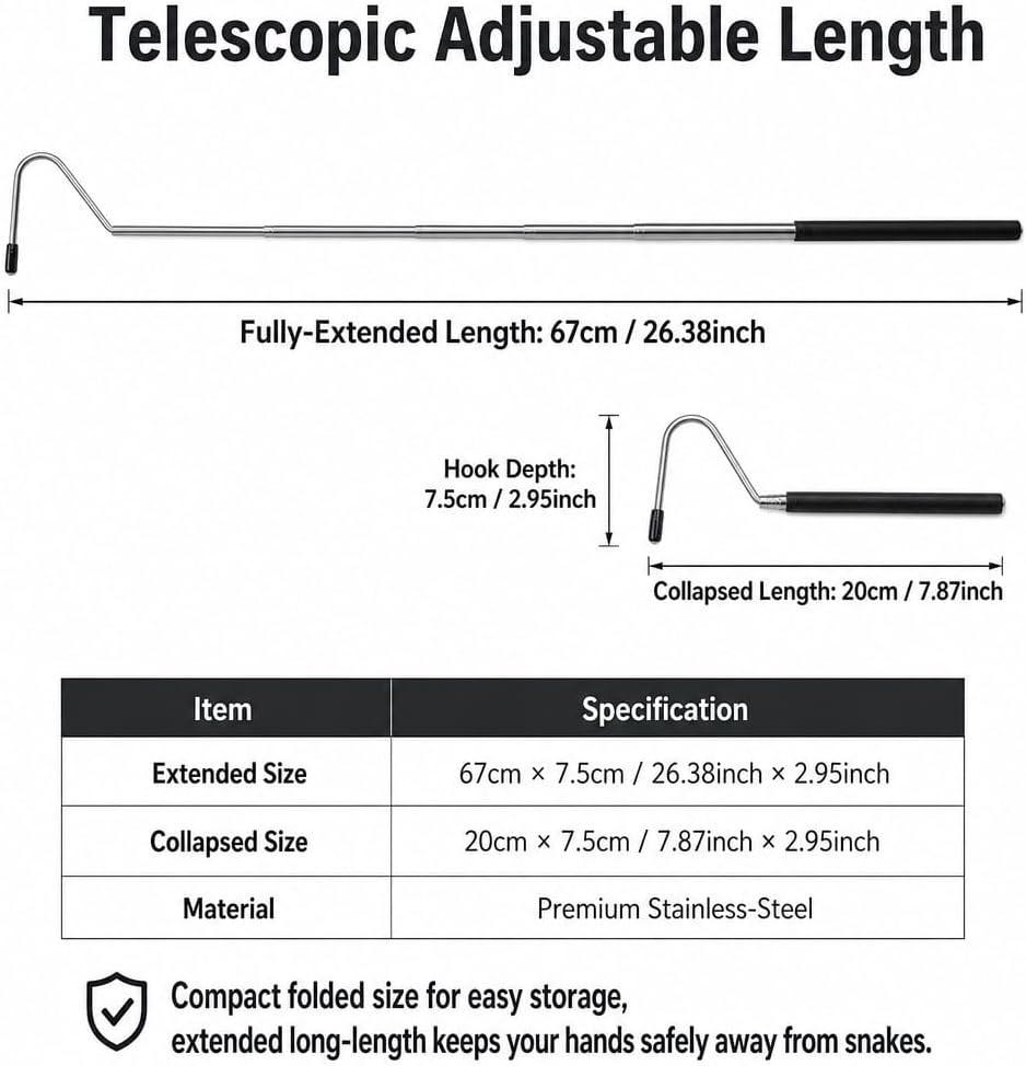 Telescopic Stainless‑Steel Snake Hook, 26.38‑Inch Retractable Reptile Hook for Corn Snakes, Hognose Snakes, King Snakes, Milk Snakes