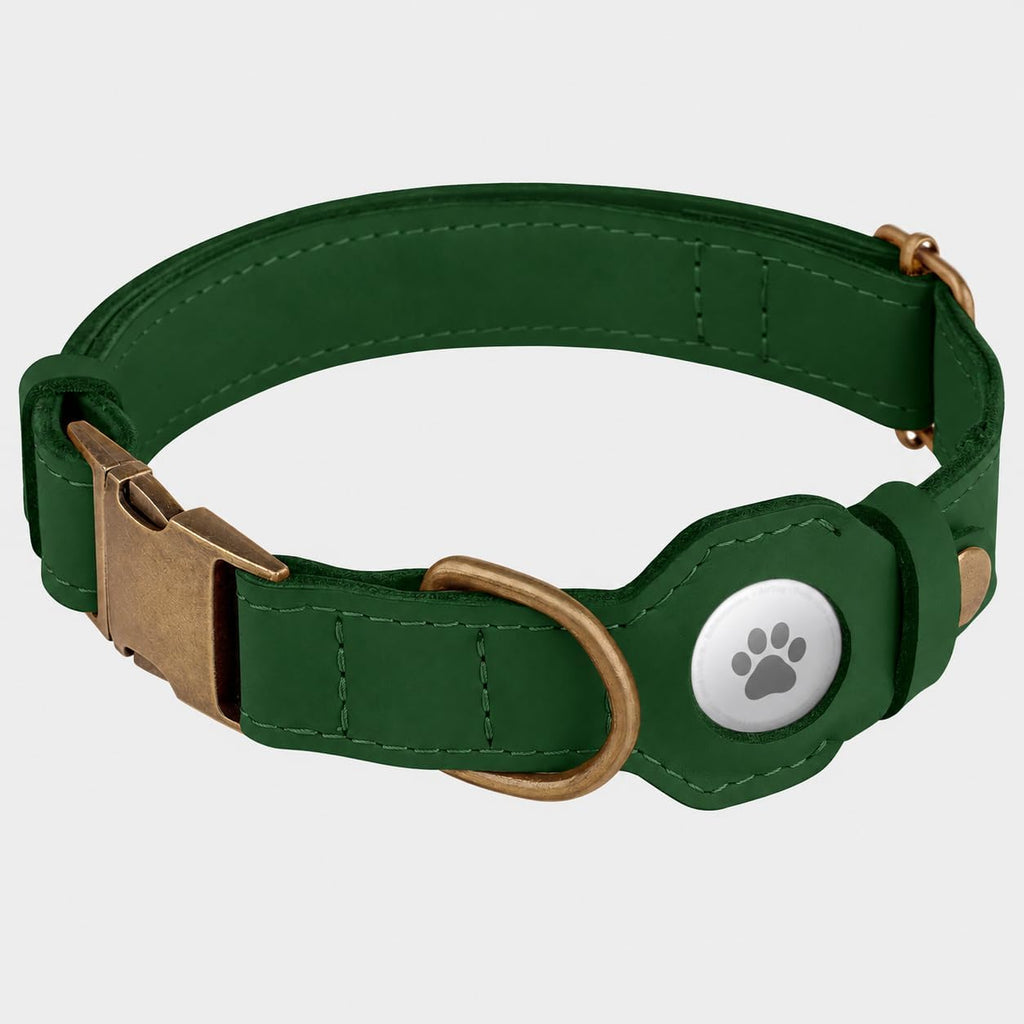 Dog Collar with AirTag Holder - Genuine Leather Dog Collar with Metal Buckle and Compatible with Air Tag - Smart GPS Tracking Pet Collars (Dark Green, S, 12"-15" Neck Fit)