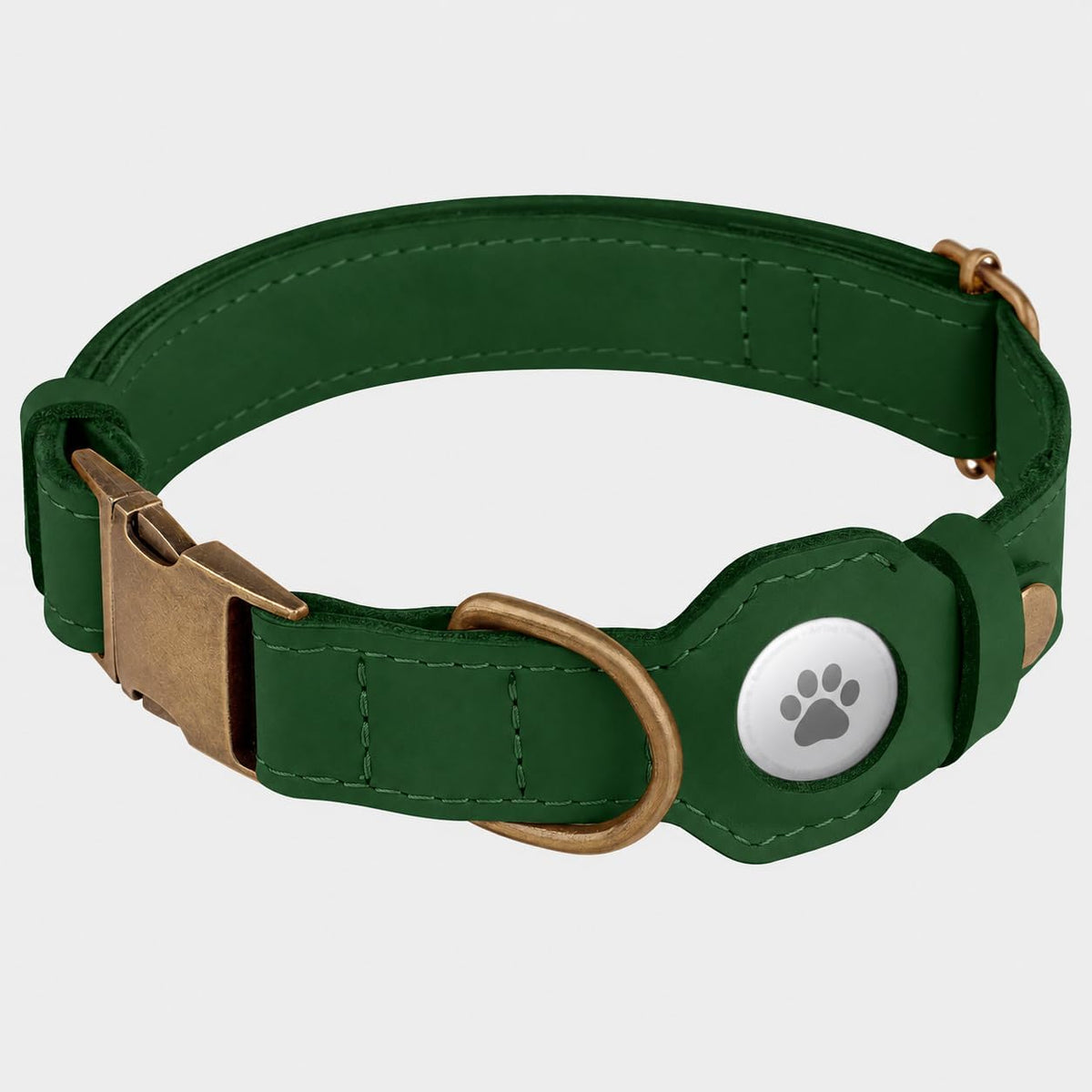 Dog Collar with AirTag Holder - Genuine Leather Dog Collar with Metal Buckle and Compatible with Air Tag - Smart GPS Tracking Pet Collars (Dark Green, S, 12"-15" Neck Fit)