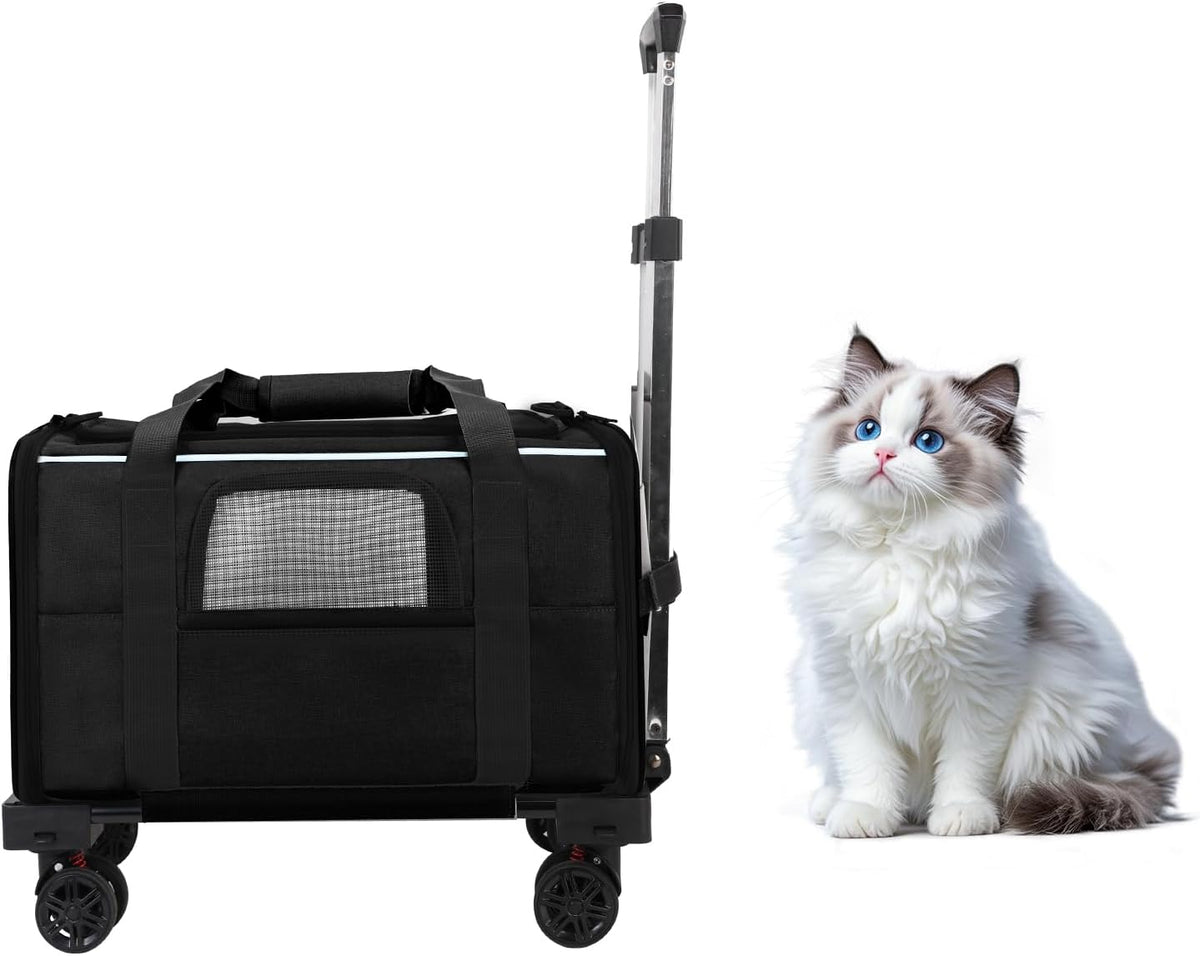 Pet Carrier with Wheels - Soft-Side Wheeled Cat Carrier for Dogs with Telescopic Handle, Collapsible Rolling Pet Travel Bag Carrier for Large Cats Small Medium Dogs for Camping Vet Visiting Grey