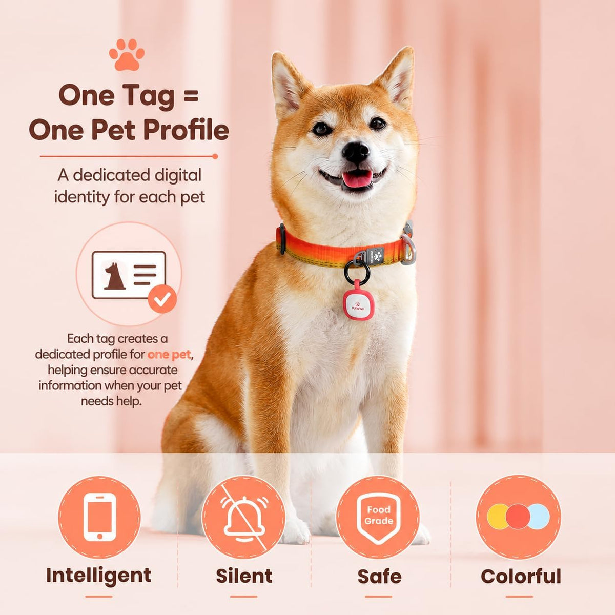 Pawaii Dog ID Tag, Silent Silicone QR Code Tag, Scan Alerts, No App, 1 Pack