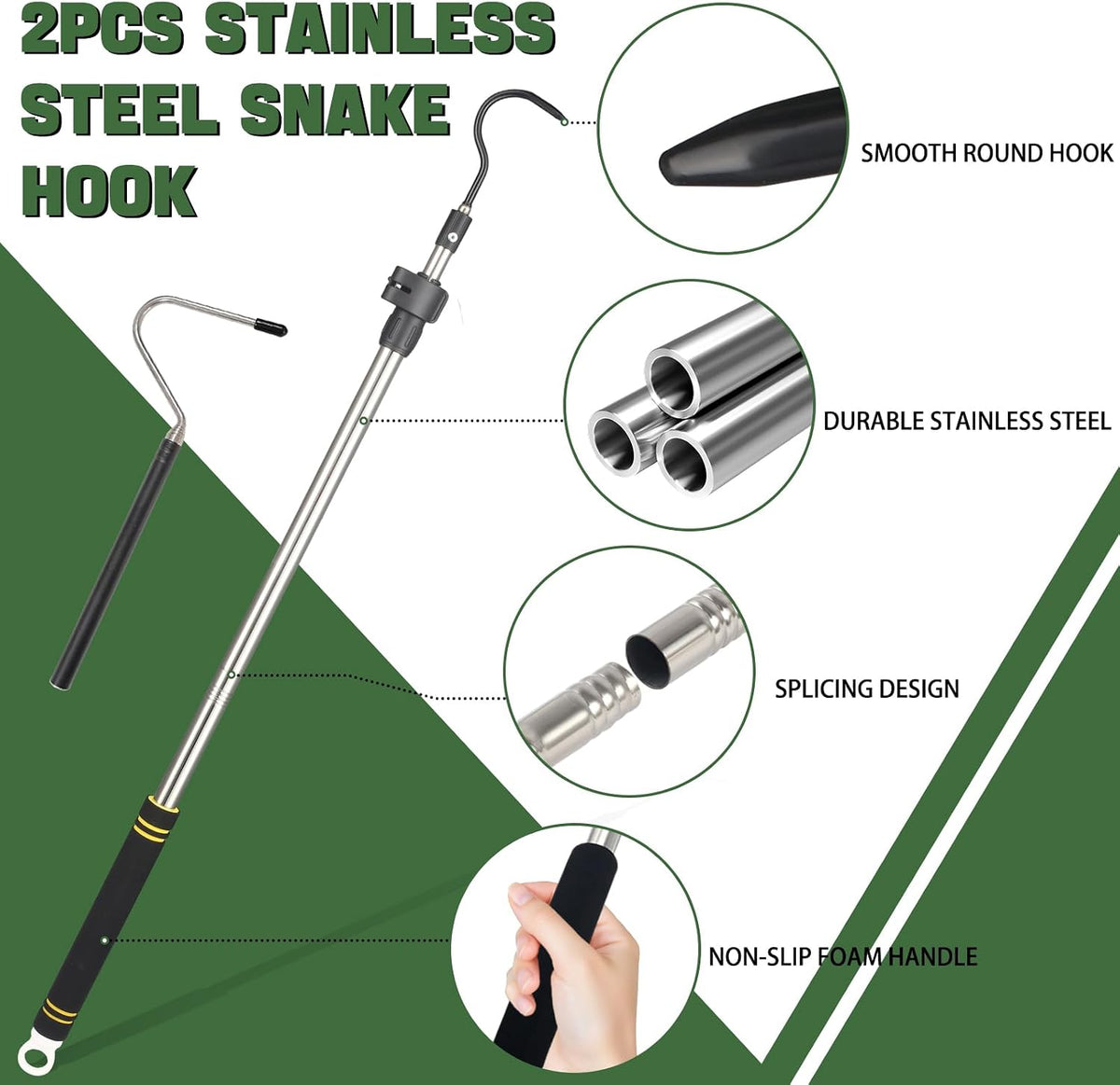 2pcs Snake Hook Set, Telescopic Snake Catcher Stainless Steel Snake Handling Tool for Moving Ball Rattlesnakes Python Copperhead with Long Handle (35-64inch&26inch)