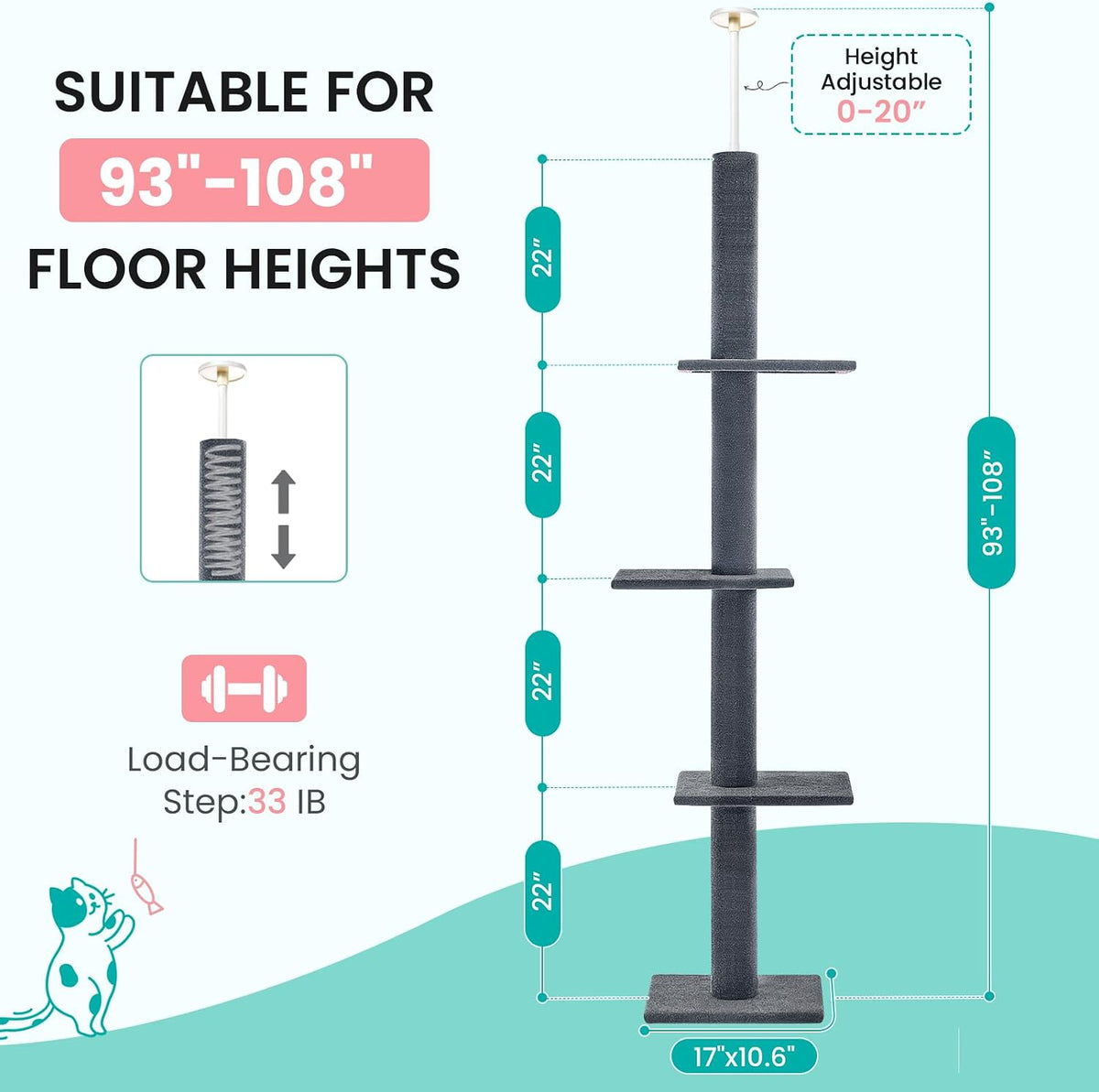 Max & Marlow 95-108" Floor to Ceiling Cat Tree for Indoor Cats, Dark Grey