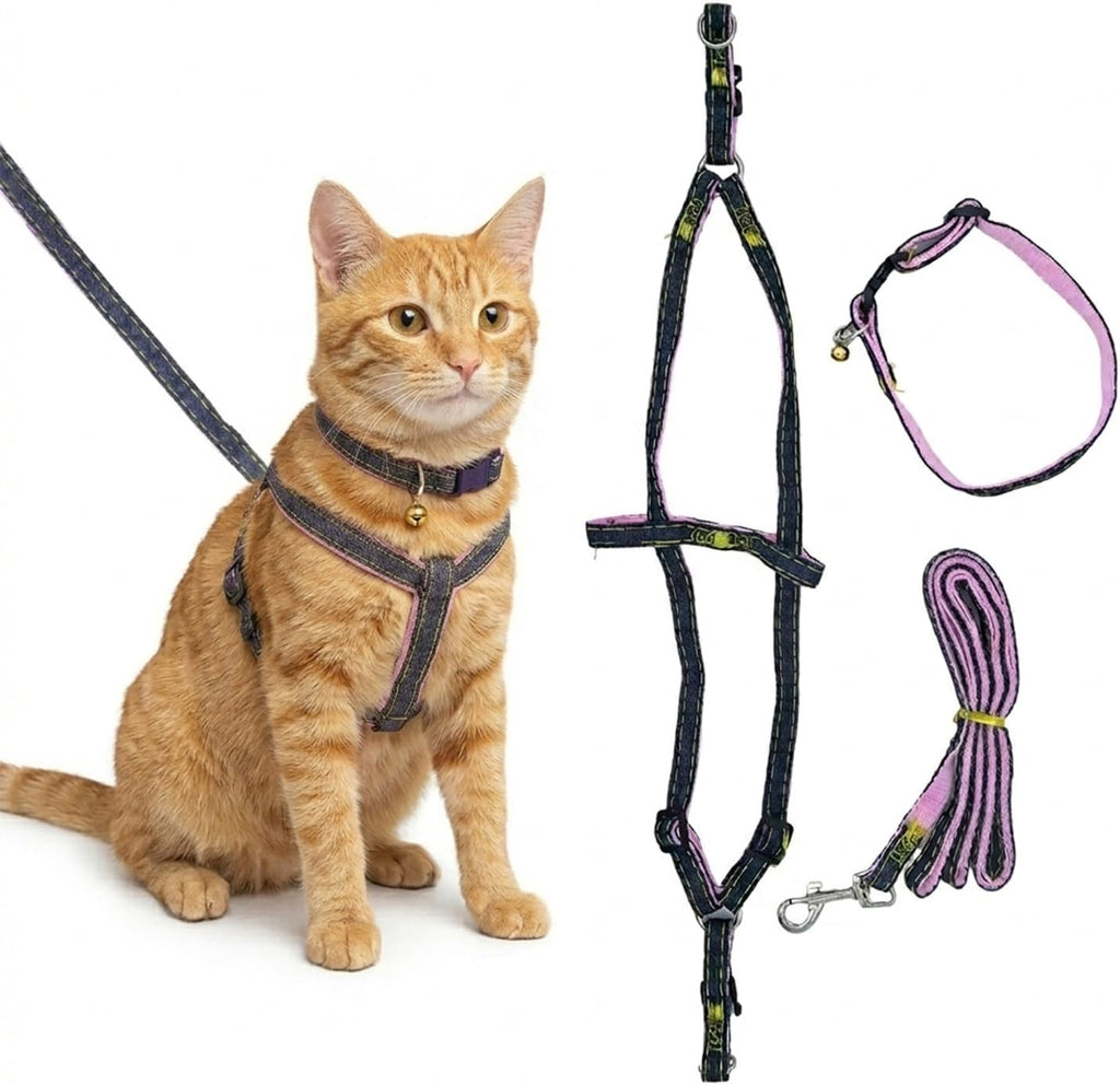 Pink Adjustable Soft-Padding Cat Harness Set – Reflective Walking Vest for Kittens & Small Cats (Pink, Medium)