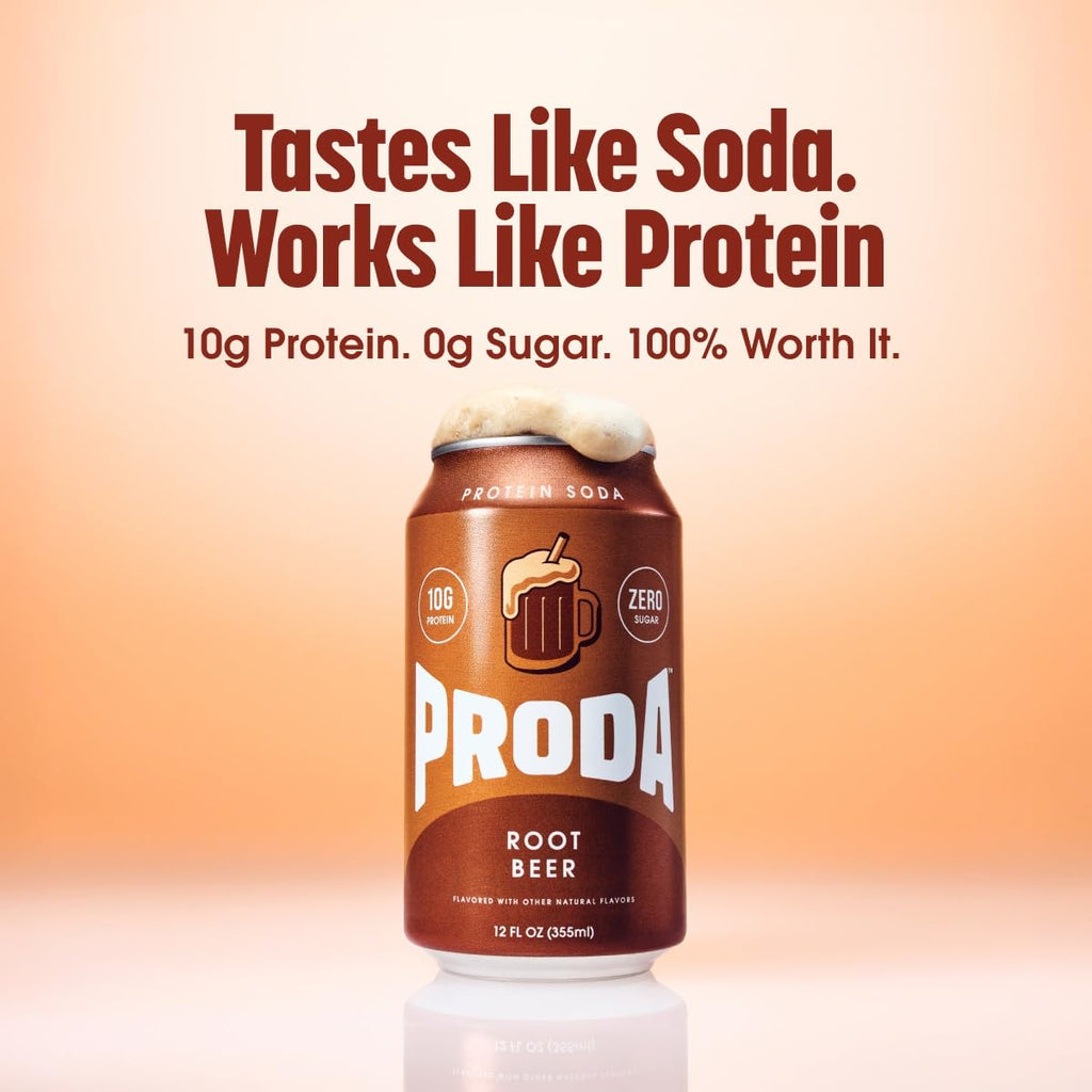 Proda Protein Soda, 10g Whey Protein, Zero Sugar, Root Beer, 12-Pack