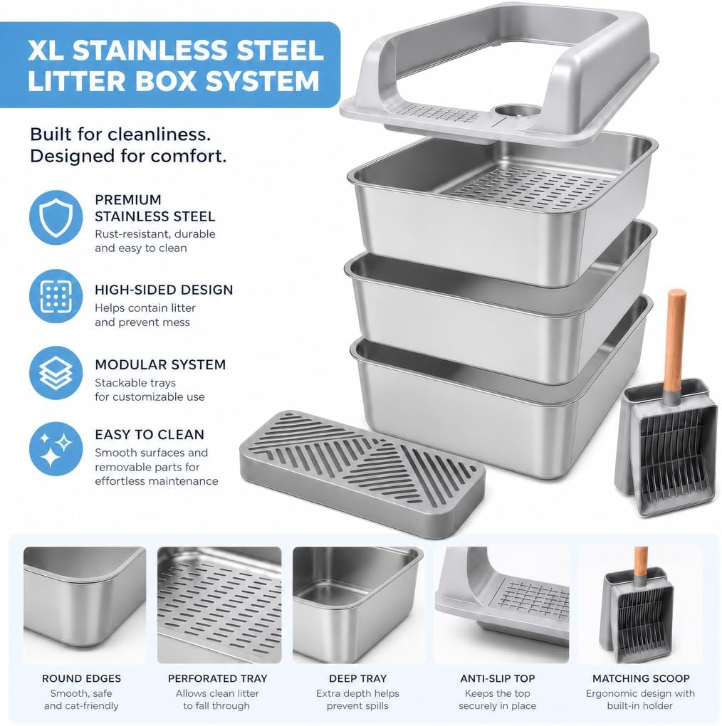 XL Stainless Steel Sifting Cat Litter Box with High Sides and Odor Control